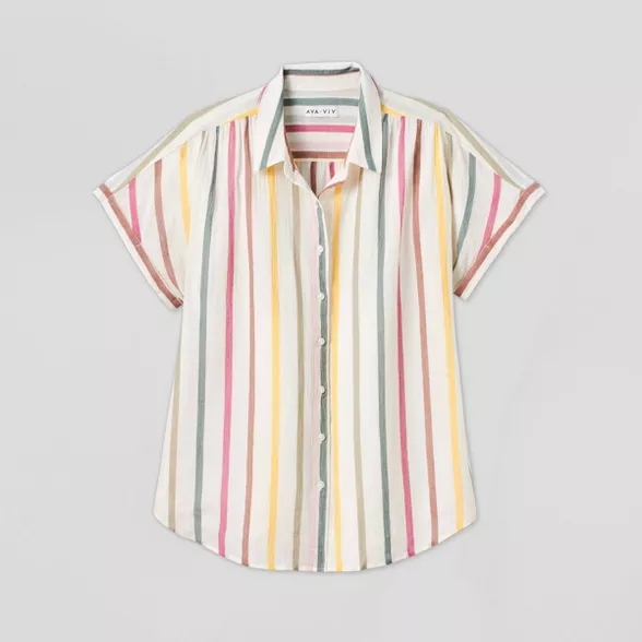 Women's Striped Short Sleeve Collared Blouse